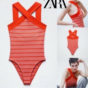 Zara Pink and White Striped Bodysuit